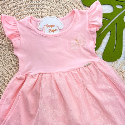 Vestido em malha e tule Rosa Borboleta 
